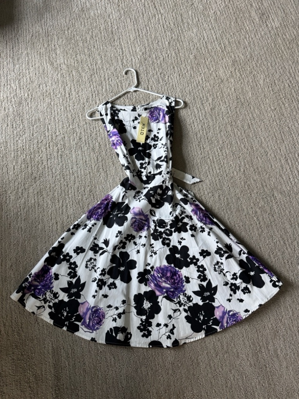 Floral Midi Dress in White with Purple & Black Print